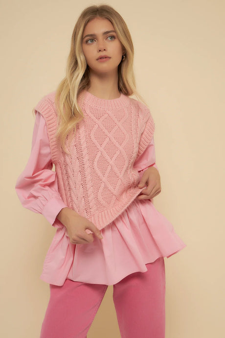 Pink Mixed Media Cable Detail Sweater