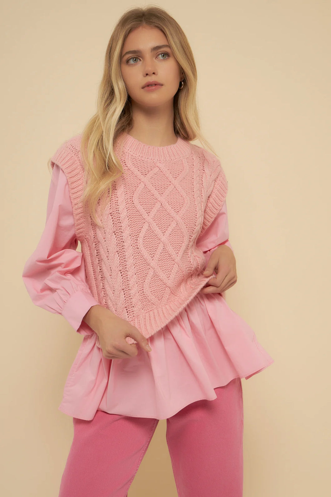 Pink Mixed Media Cable Detail Sweater