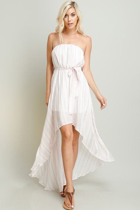 Blush Stripe Linen Hi-Lo Tube Dress