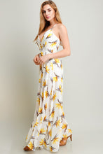 Yellow Flower On White Printed Chiffon Maxi Dress