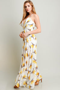Yellow Flower On White Printed Chiffon Maxi Dress