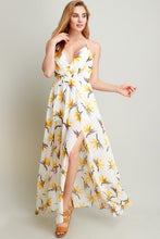 Yellow Flower On White Printed Chiffon Maxi Dress