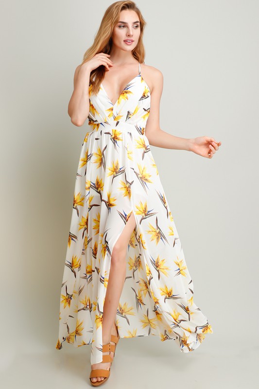 Yellow Flower On White Printed Chiffon Maxi Dress – Aquarius Brand