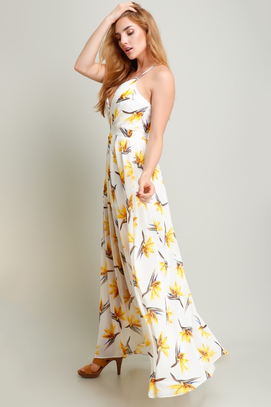 Yellow Flower On White Printed Chiffon Maxi Dress – Aquarius Brand