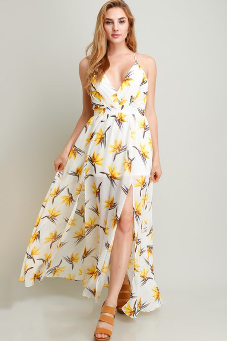 Yellow Flower On White Printed Chiffon Maxi Dress