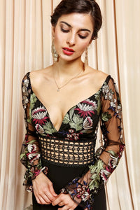Embroidered Floral Bodice Long Sleeve Maxi Dress