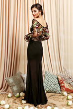 Embroidered Floral Bodice Long Sleeve Maxi Dress
