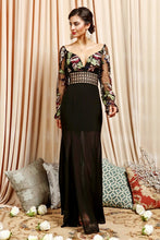 Embroidered Floral Bodice Long Sleeve Maxi Dress