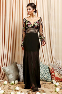 Embroidered Floral Bodice Long Sleeve Maxi Dress