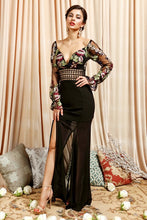 Embroidered Floral Bodice Long Sleeve Maxi Dress