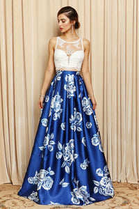 Lace Top Floral Printed Flare Long Dress