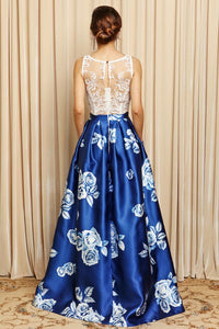 Lace Top Floral Printed Flare Long Dress
