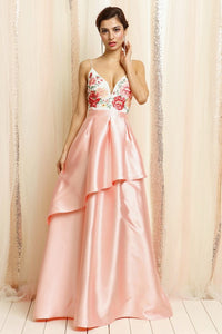 Flower Embroidered Bodice Top Layered Gown Dress