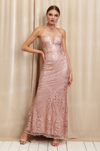 Mauve High Neck With Rhinestones Full Body Sequins Long Dress