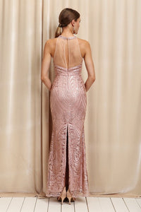 Mauve High Neck With Rhinestones Full Body Sequins Long Dress