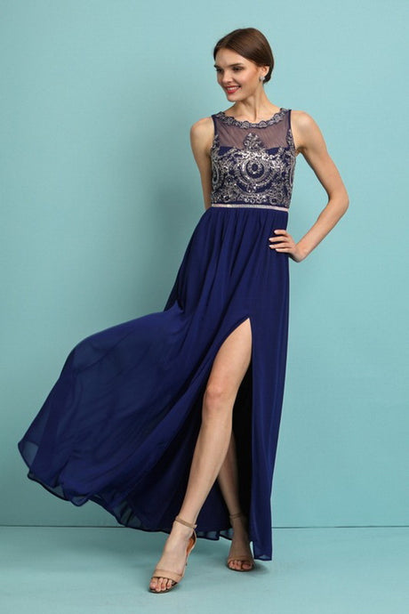 Navy Embellished Stones Top Chiffon Maxi Dress