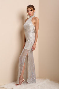Silver Shimmery See Through Legs Long Dress