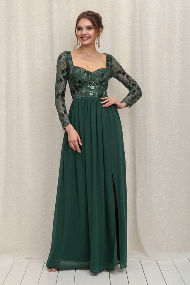 Emerald Green Long Sleeve Sequins Top Chiffon Maxi Dress