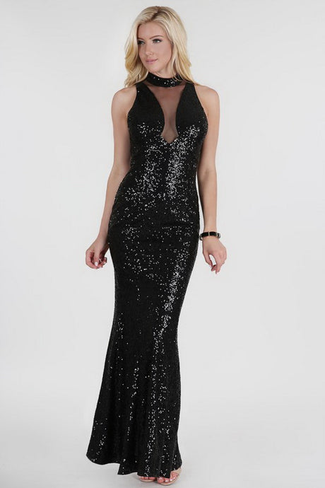 Black Sheer Yoke Full Sequins Long Dress