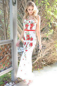 Ivory Red Waistband Floral Embroidered Dress