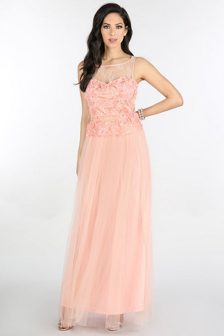 Blush 3D Flower Peplum Pleated Tulle Long Dress