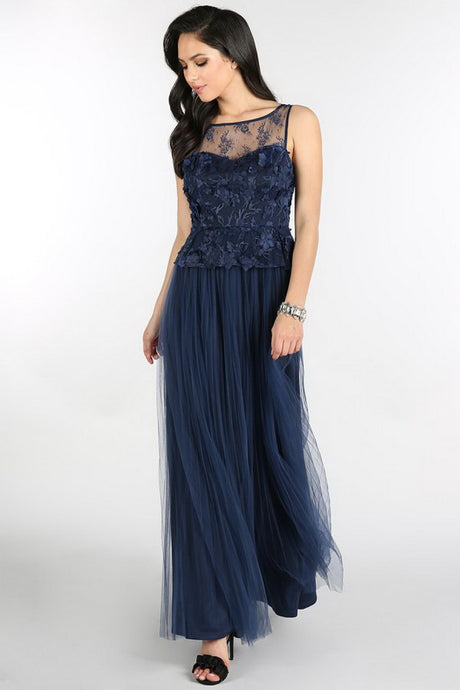 Navy 3D Flower Peplum Pleated Tulle Dress