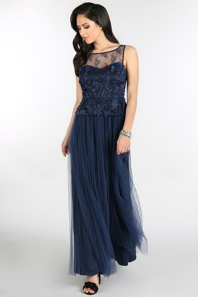 Navy 3D Flower Peplum Pleated Tulle Dress