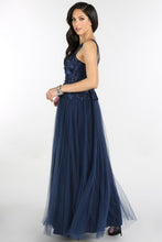 Navy 3D Flower Peplum Pleated Tulle Dress