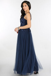 Navy 3D Flower Peplum Pleated Tulle Dress