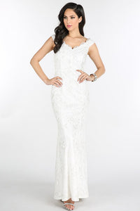 White Sequins Embroidered Lace Long Dress