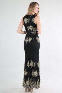 Gold Metallic Embroidered On Black Lace Dress