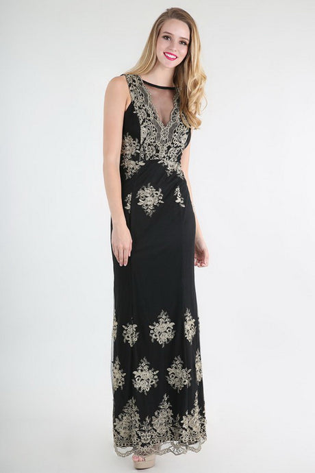 Gold Metallic Embroidered On Black Lace Dress