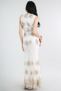 Gold Metallic Embroidered On White Lace Dress