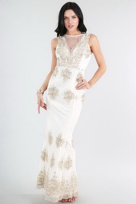 Gold Metallic Embroidered On White Lace Dress