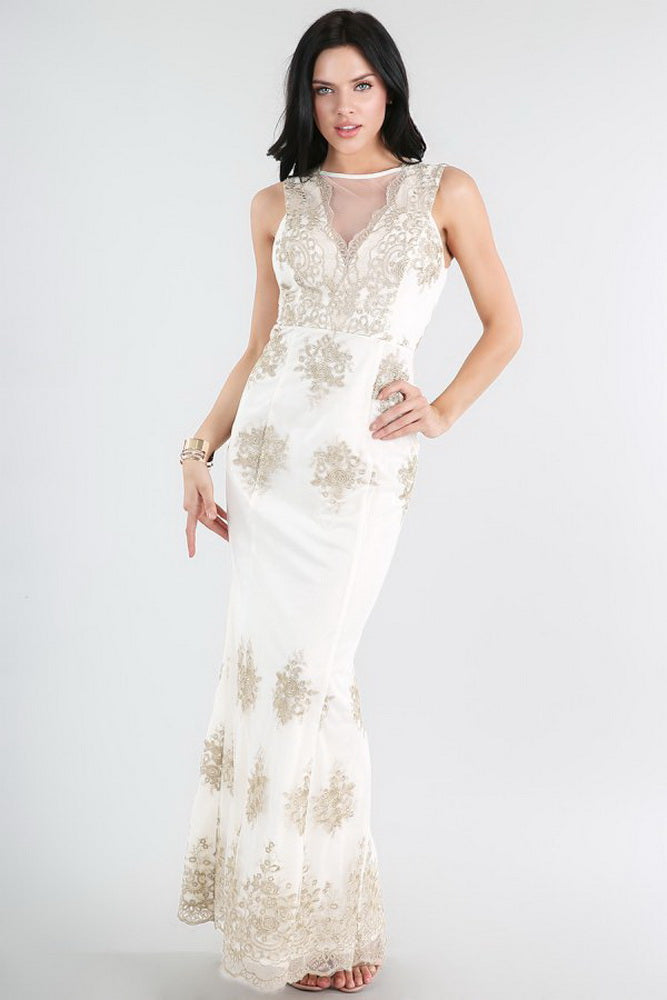 Gold Metallic Embroidered On White Lace Dress Aquarius Brand Gold Metallic Embroidered On White Lace Dress Aquarius Brand