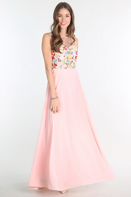 Blush Floral Embroidered Chiffon Dress