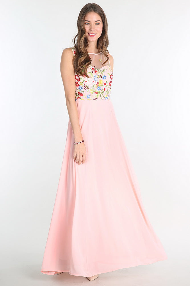 Blush Floral Embroidered Chiffon Dress