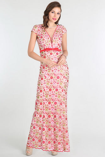 Red Floral Embroidered Lace Dress