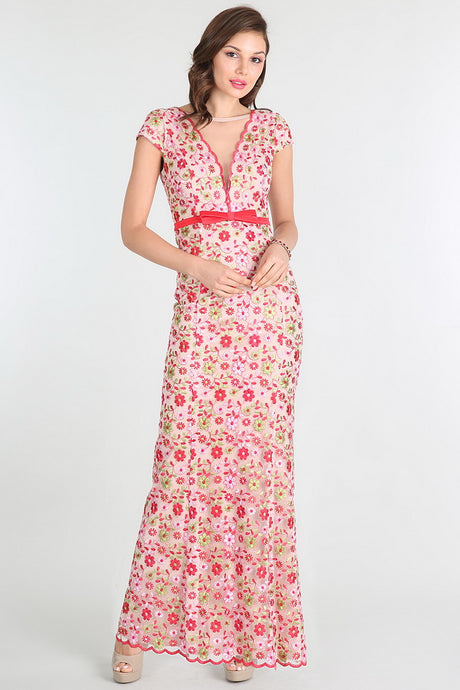 Red Floral Embroidered Lace Dress