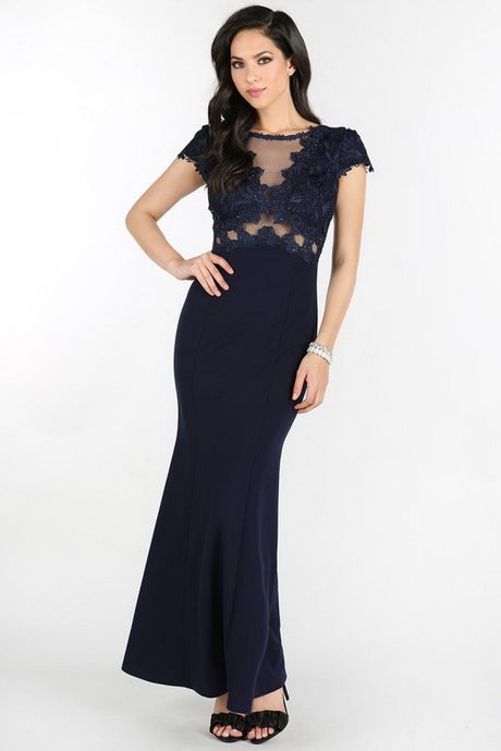 Navy Sheer Embellished Cap Sleeve Dress