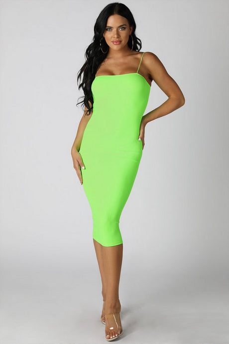 Neon Green Ribbed Midi Dress