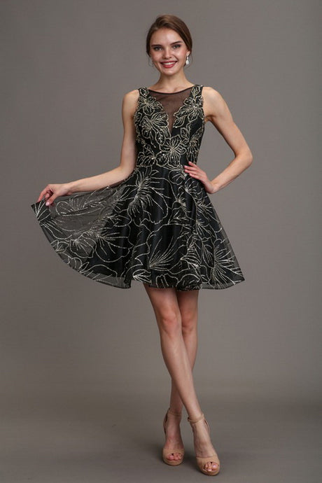 Black Embroidery Beaded Mini Flare Dress