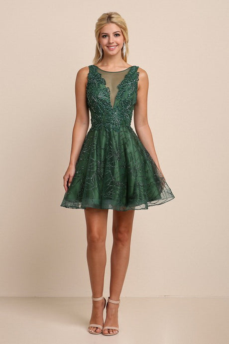 Forest Green Embroidery Beaded Mini Flare Dress