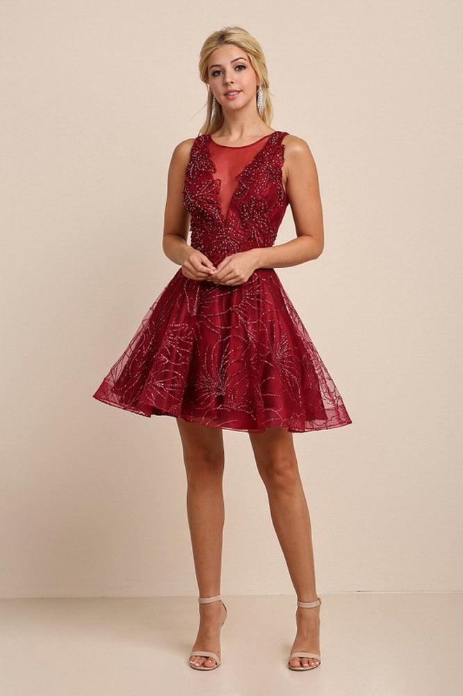 Red Wine Embroidery Beaded Mini Flare Dress