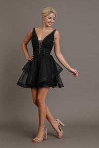 Black Shimmery Beaded Mini Flare Dress