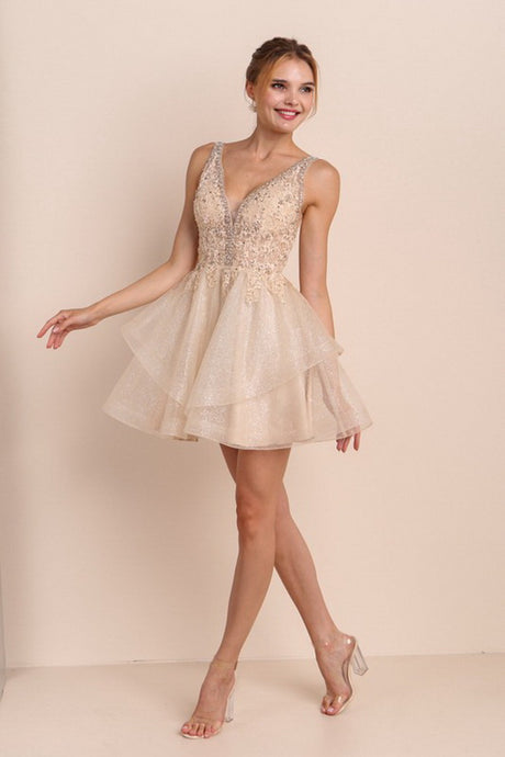 Cream Shimmery Beaded Mini Flare Dress