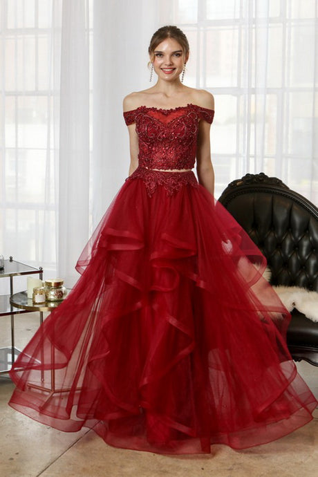 Red Wine Beaded Lace Top And Ruffle Asymmetric Skirt Two Pieces Set Long Dress