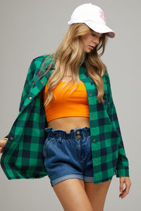 Green Plaid Embroidered Patch Button Down Jacket