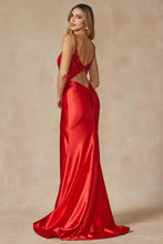 Red Embroidered Bodice Plunging Neck Prom Dress