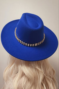 Royal Blue Rhinestone Trim Panama Fashion Hat Fedora Hat